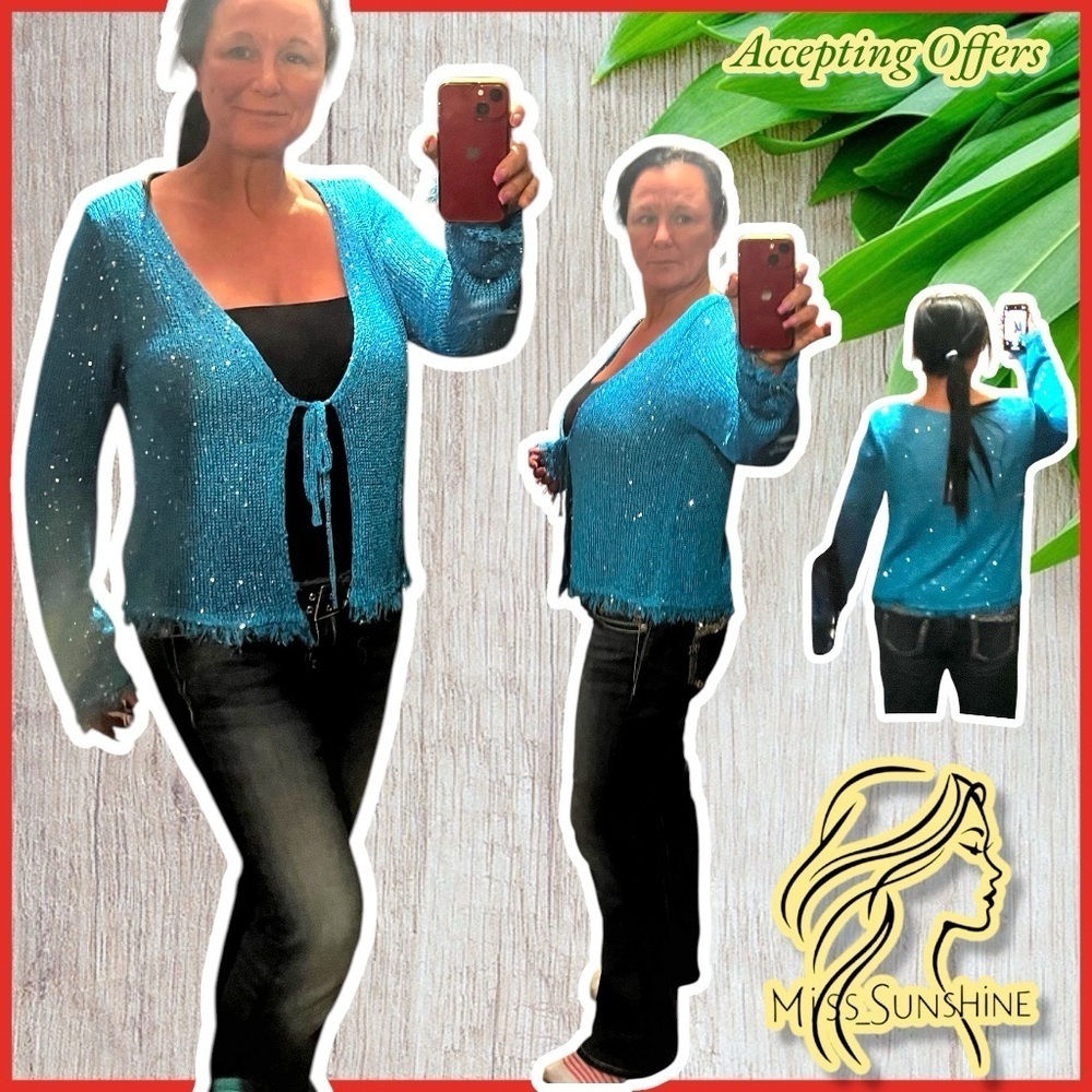 Fashion Nova NWT - Sz 1X - Blue sequins sparkly Lightweight front tie cardigan